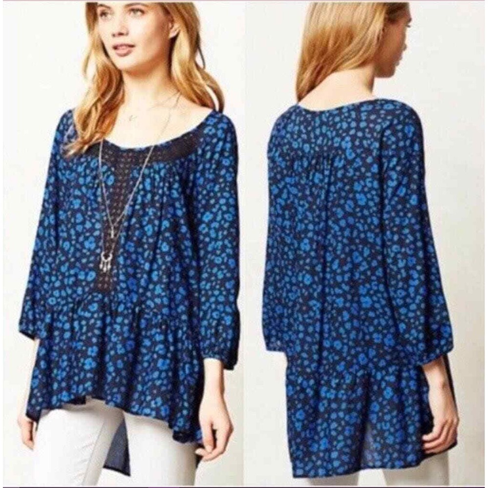 HD in PARIS Anthropologie Ressica Tunic Blouse Blue Geometric Abstract Sz‎ S